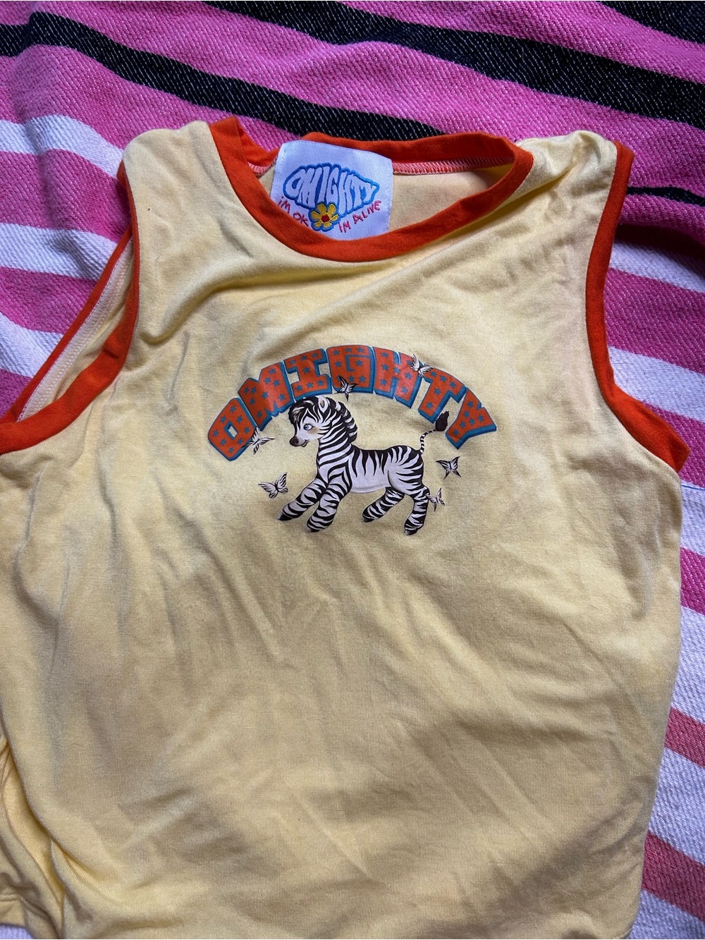 omighty Yellow Tank Top with Orange Trim and Zebra Graphic